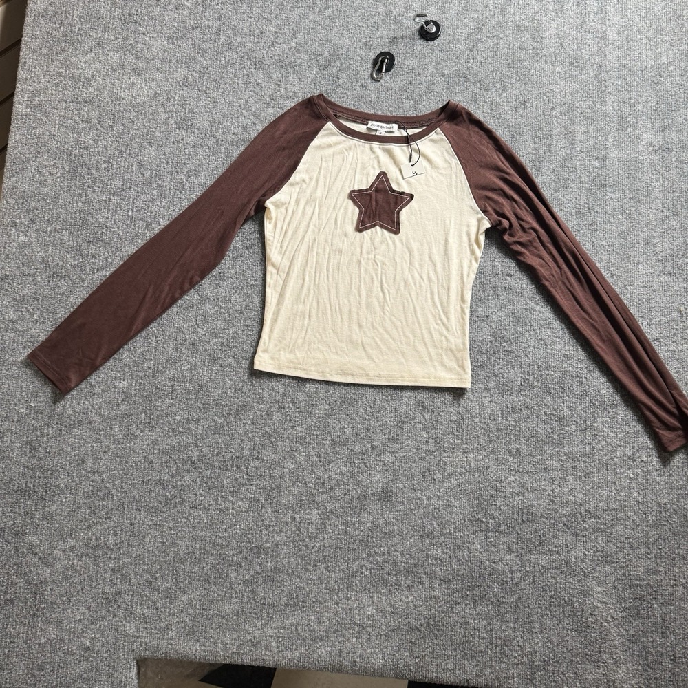 NWT Pretty Garbage Star Raglan Long Sleeve Shirt Brown Cream Y2K Style Small